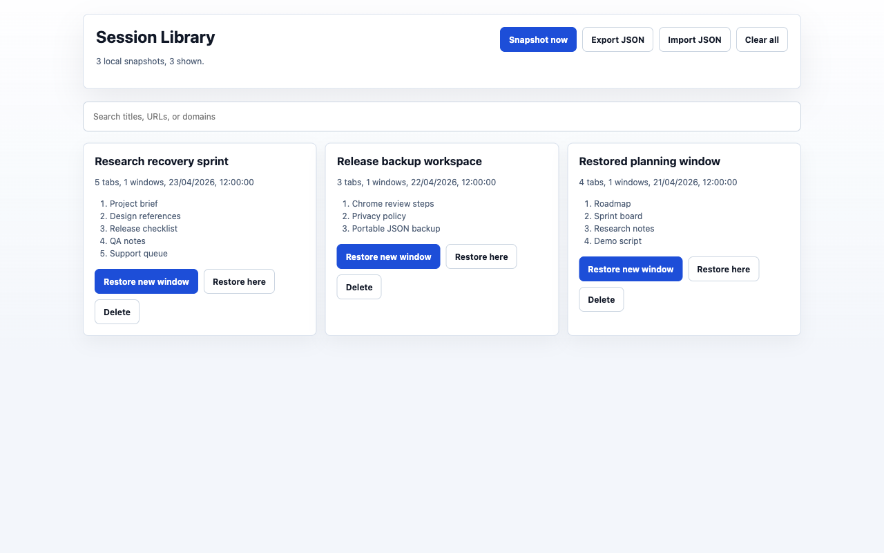 Session Rescue library showing saved local snapshots, search, restore, export, import, and clear controls.